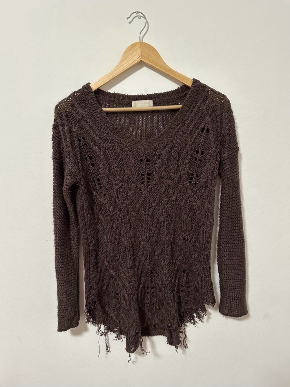 Women's Distressed Knit V‑Neck Sweater in Dark Brown